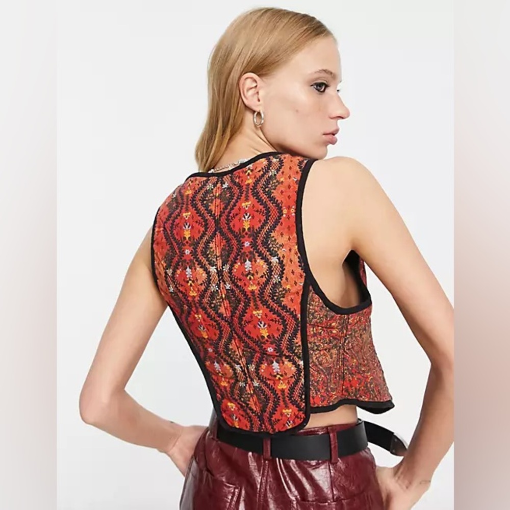 Free People Women Gemini Quilted Vest Top Floral Rust Combo Boho Festival XS S M - Picture 2 of 10